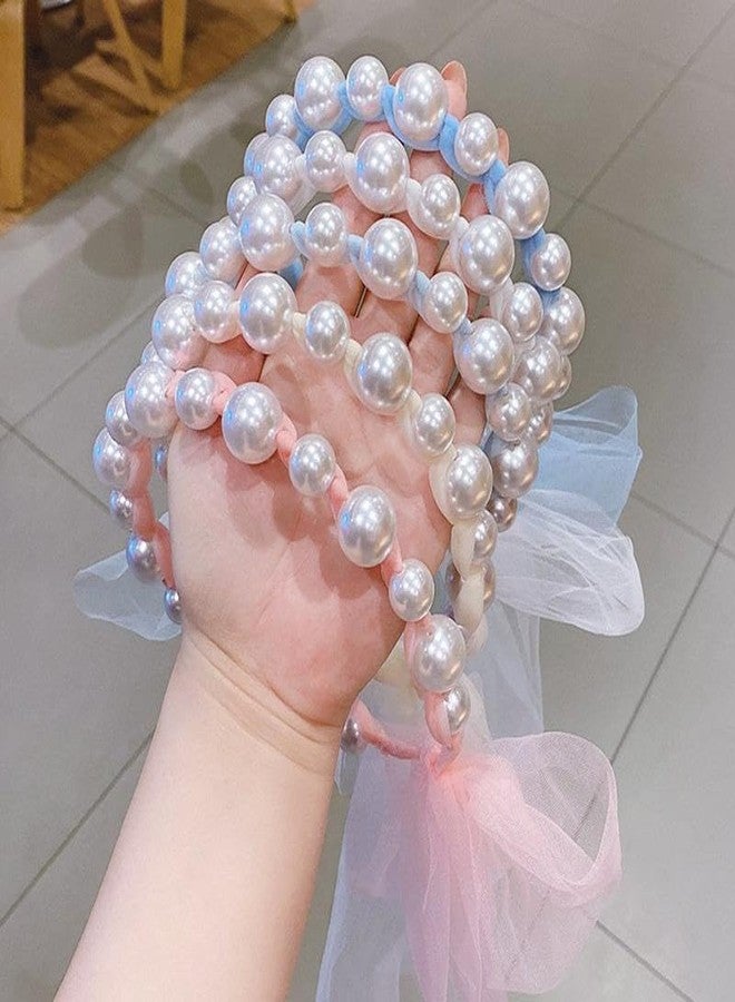 Ashkash 1Pcs Kids Girls Pearl Headbands with Chiffon Ribbon, White Pearl Hairbands Bridal Hair Hoop Cute Headbands Party Wedding Hair Accessories - Random Color - Image 4